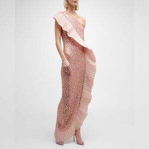 ONE33 Social - One Shoulder Pleated Taffeta Sequin Gown in Blush